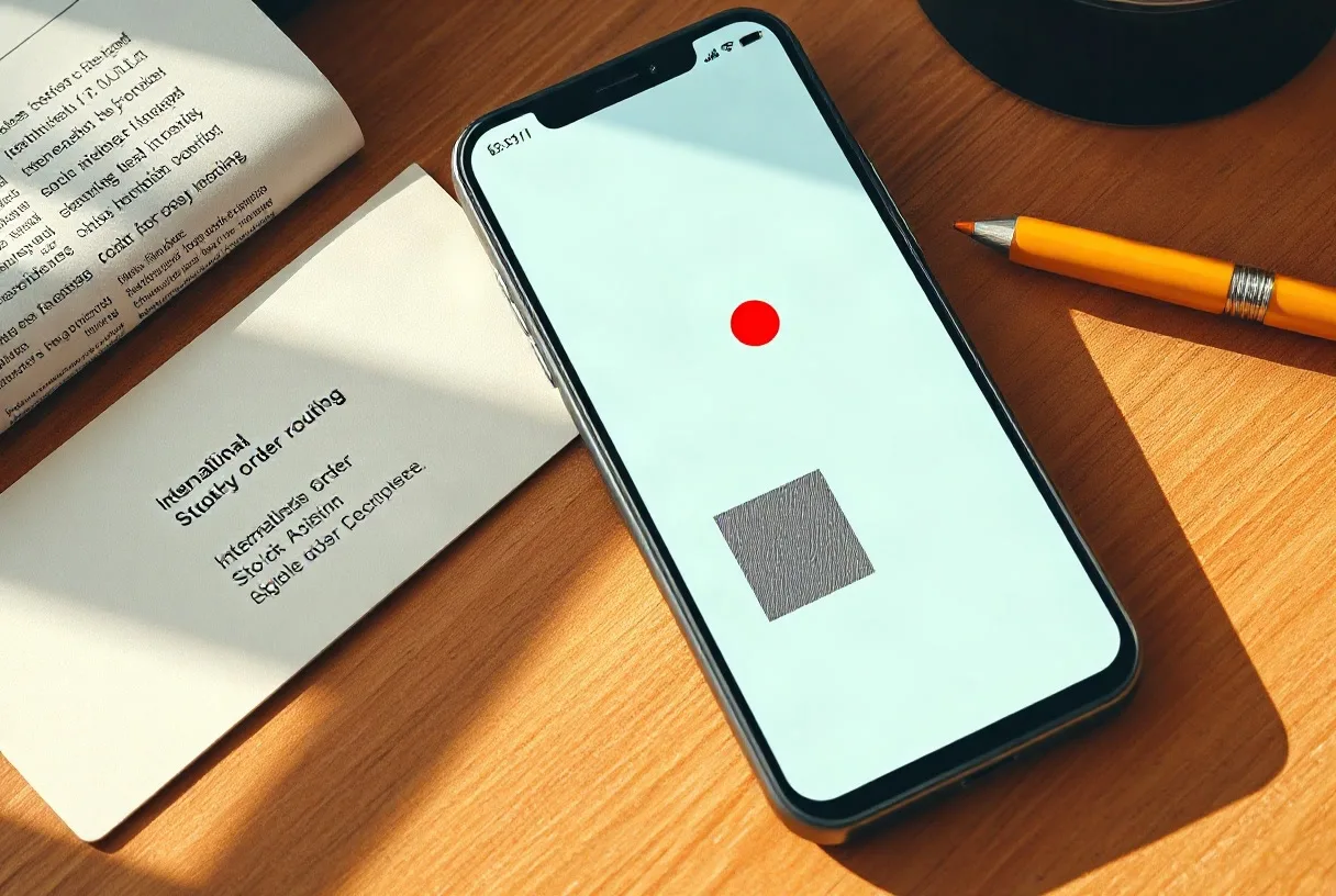 Çalışma masasında duran ekranı soyut şekilli bir akıllı telefon ve yanında duran aracı kurum banka kartı.