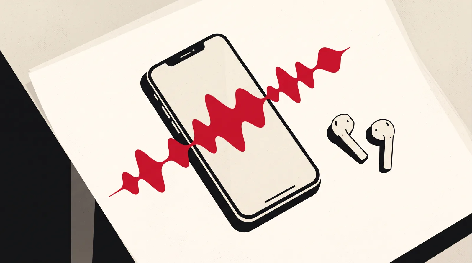 Krem zemin üzerinde duran akıllı telefon, ekranından yayılan kırmızı ve siyah ses dalgaları ile telefonun yanında duran kablosuz kulaklık.