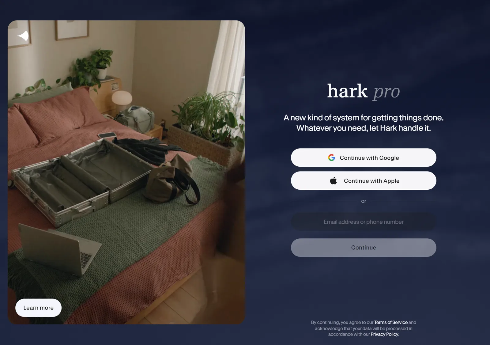 hark.com ana sayfasının ekran görüntüsü: Hark’ın kendini “işleri halletmek için yeni bir sistem” diye tanıttığı giriş bölümü (18 Ekim 2026)