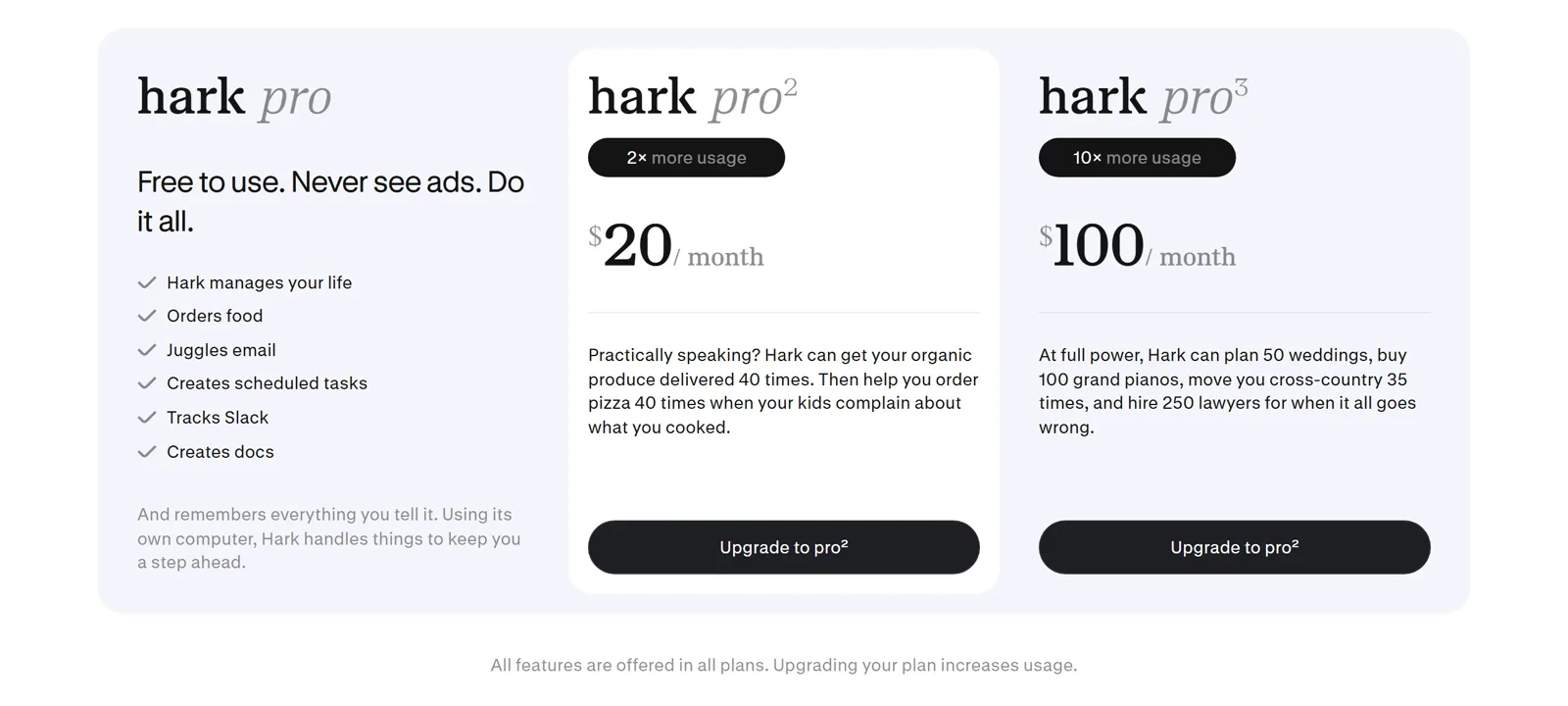 hark.com fiyat sayfasının ekran görüntüsü: ücretsiz plan ve özellik listesi (18 Ekim 2026)