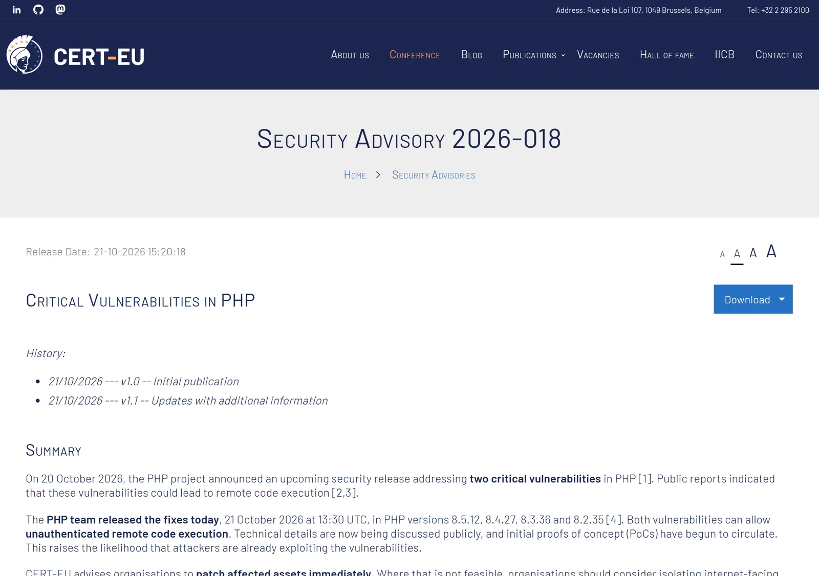 cert.europa.eu sayfasının ekran görüntüsü: PHP’deki kritik açıklar için yayımlanan 2026-018 numaralı güvenlik bülteninin özeti (22 Ekim 2026)