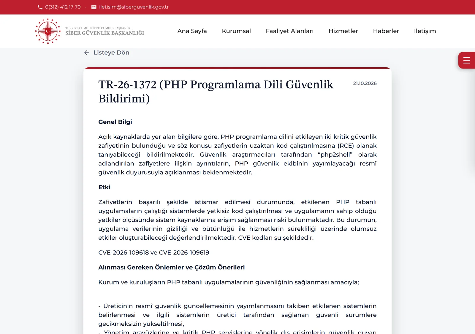 siberguvenlik.gov.tr sayfasının ekran görüntüsü: Siber Güvenlik Başkanlığı’nın TR-26-1372 numaralı PHP güvenlik bildirimi (22 Ekim 2026)