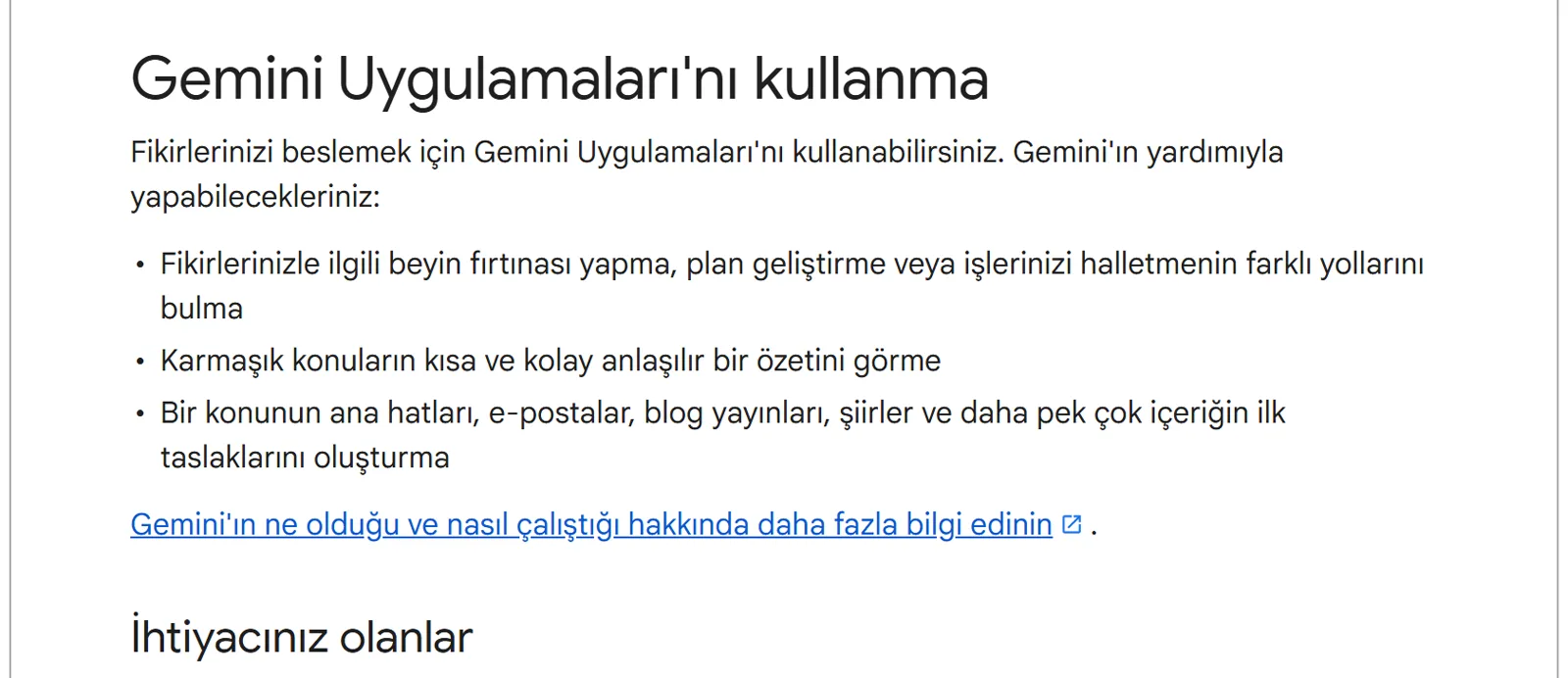 support.google.com sayfasının ekran görüntüsü: Gemini’nin yardımıyla yapılabilecekler listesi (26 Ekim 2026)