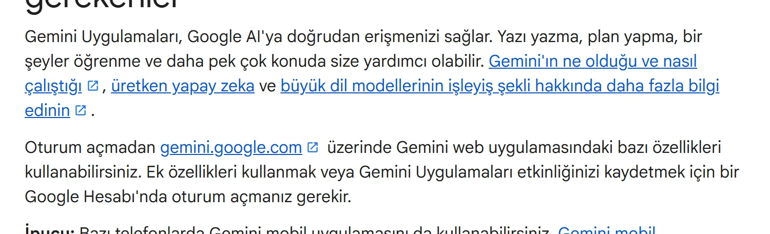 support.google.com sayfasının ekran görüntüsü: Gemini’nin hesapsız kullanımını ve hesap gerektiren özellikleri anlatan paragraf (26 Ekim 2026)